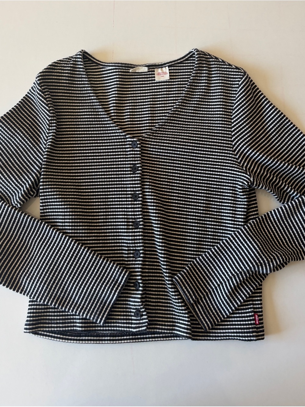 Levi’s Women’s Black White Striped Ribbed Button Front Cardigan Top Size large